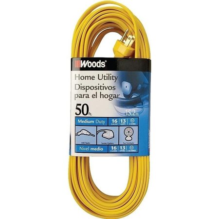 WOODS 0 Extension Cord, 16 AWG Cable, 50 ft L, 10 A, 125 V, Yellow 832